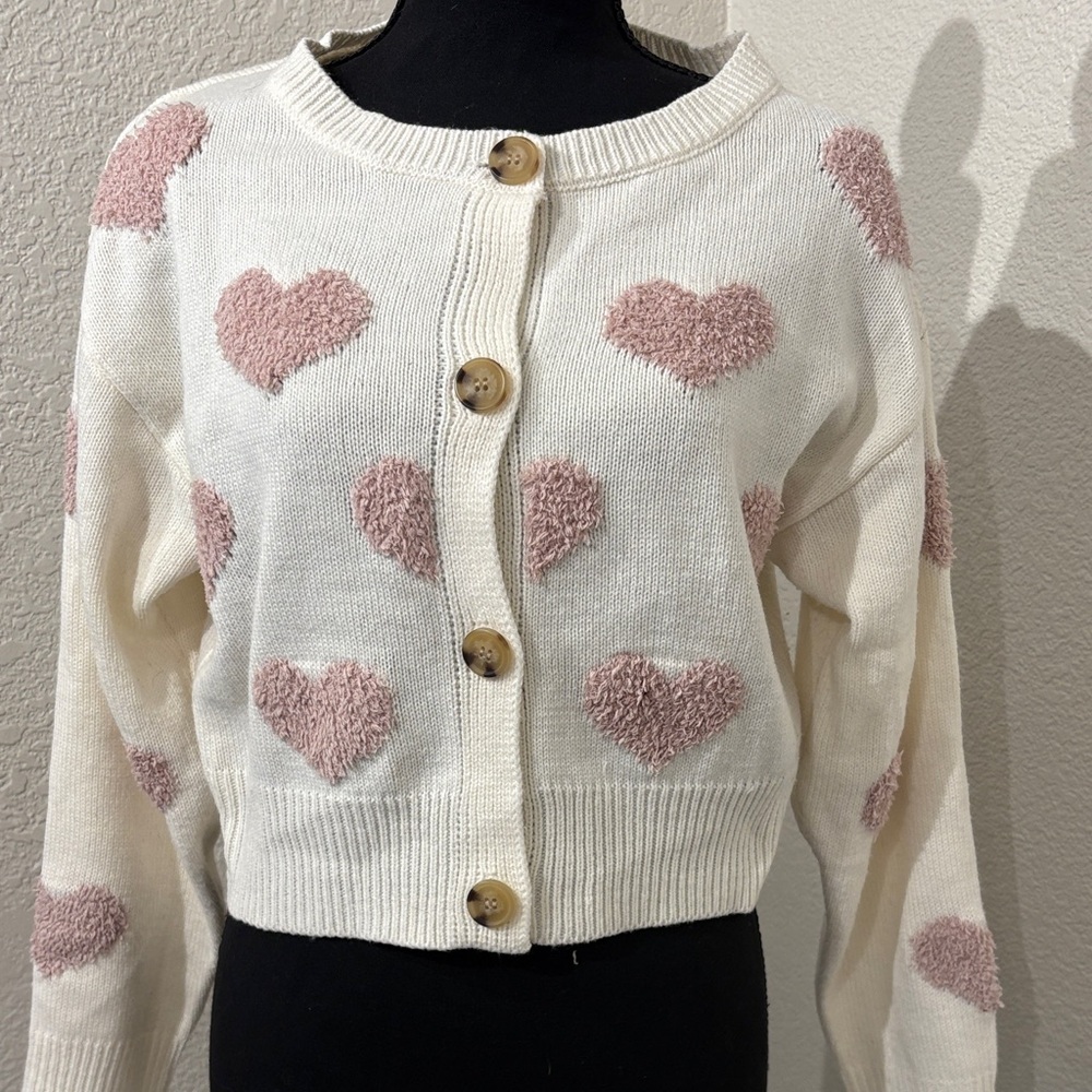 Heart Patterned Cream and Pink Sweater